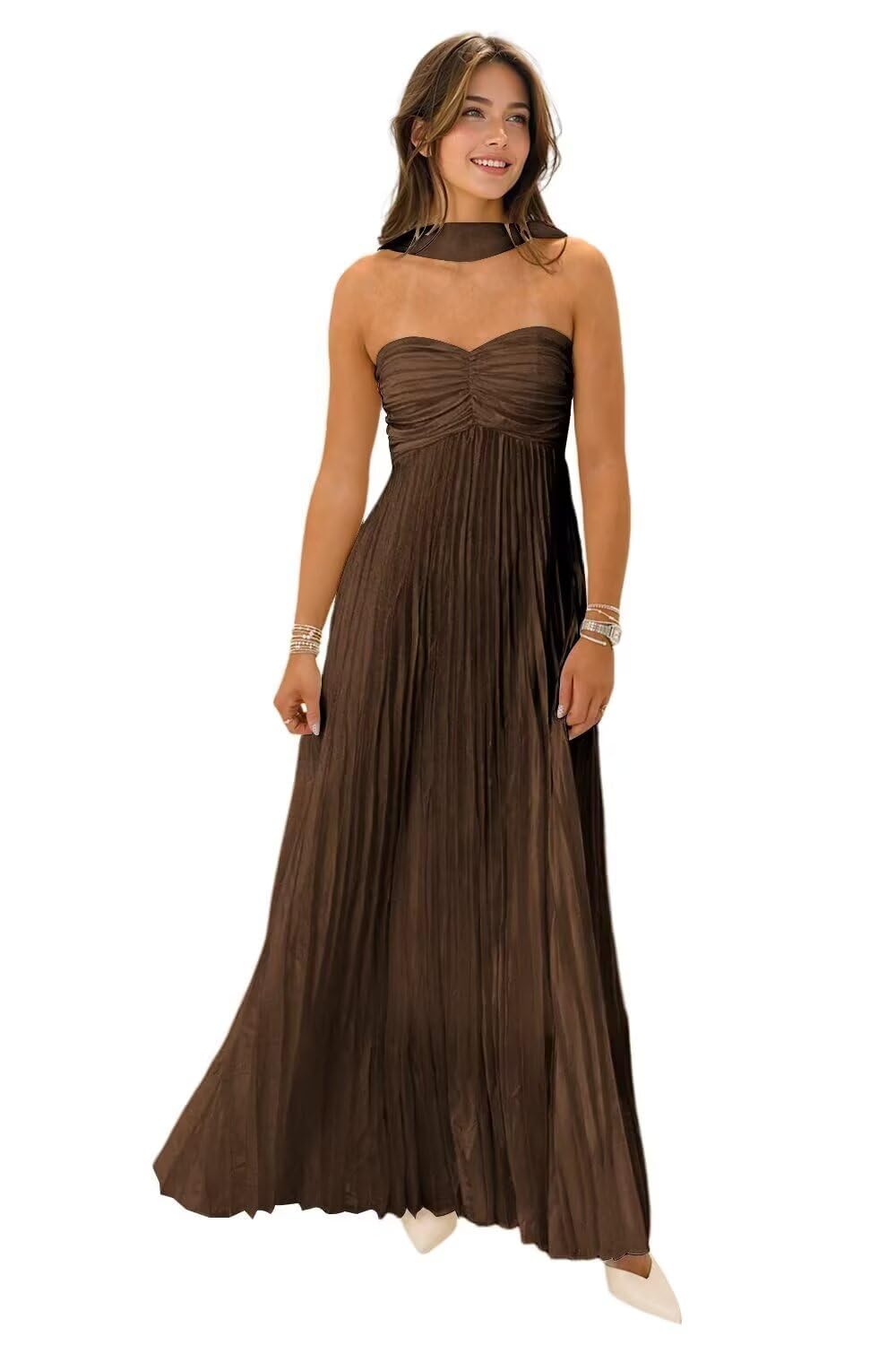 Women's Strapless Chiffon Bridesmaid Dresses with Scarf Long A-Line Pleated Formal Evening Dress WA096