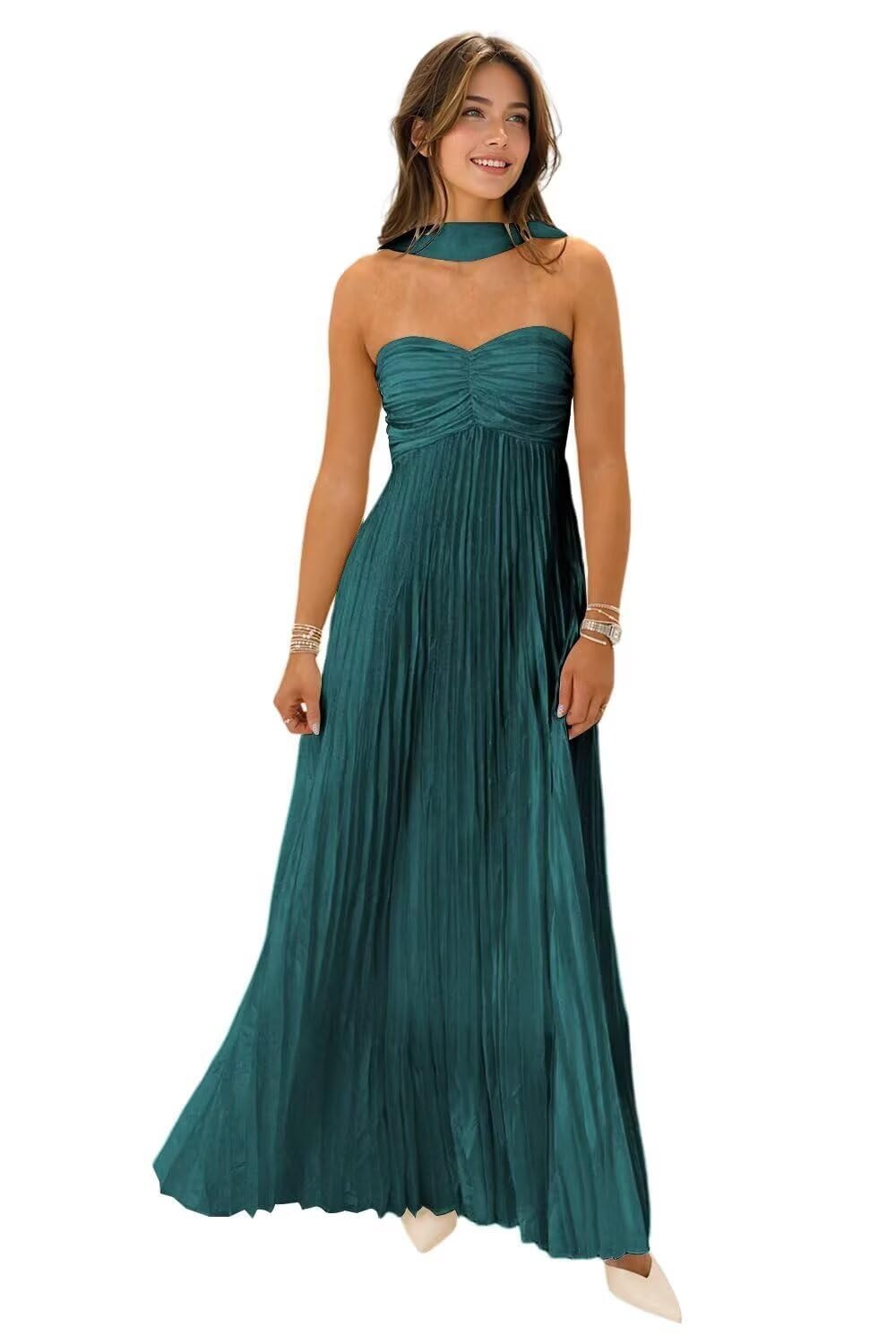 Women's Strapless Chiffon Bridesmaid Dresses with Scarf Long A-Line Pleated Formal Evening Dress WA096
