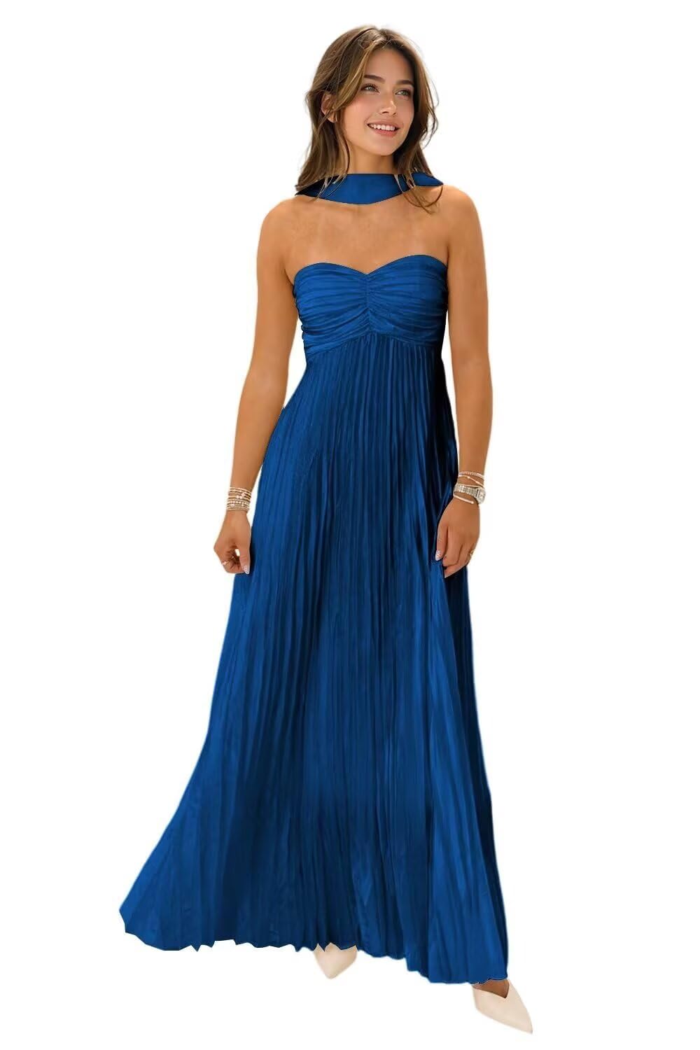 Women's Strapless Chiffon Bridesmaid Dresses with Scarf Long A-Line Pleated Formal Evening Dress WA096
