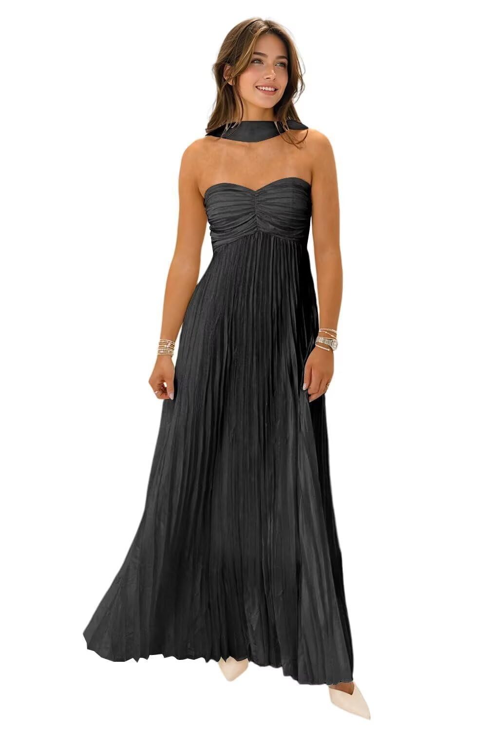Women's Strapless Chiffon Bridesmaid Dresses with Scarf Long A-Line Pleated Formal Evening Dress WA096