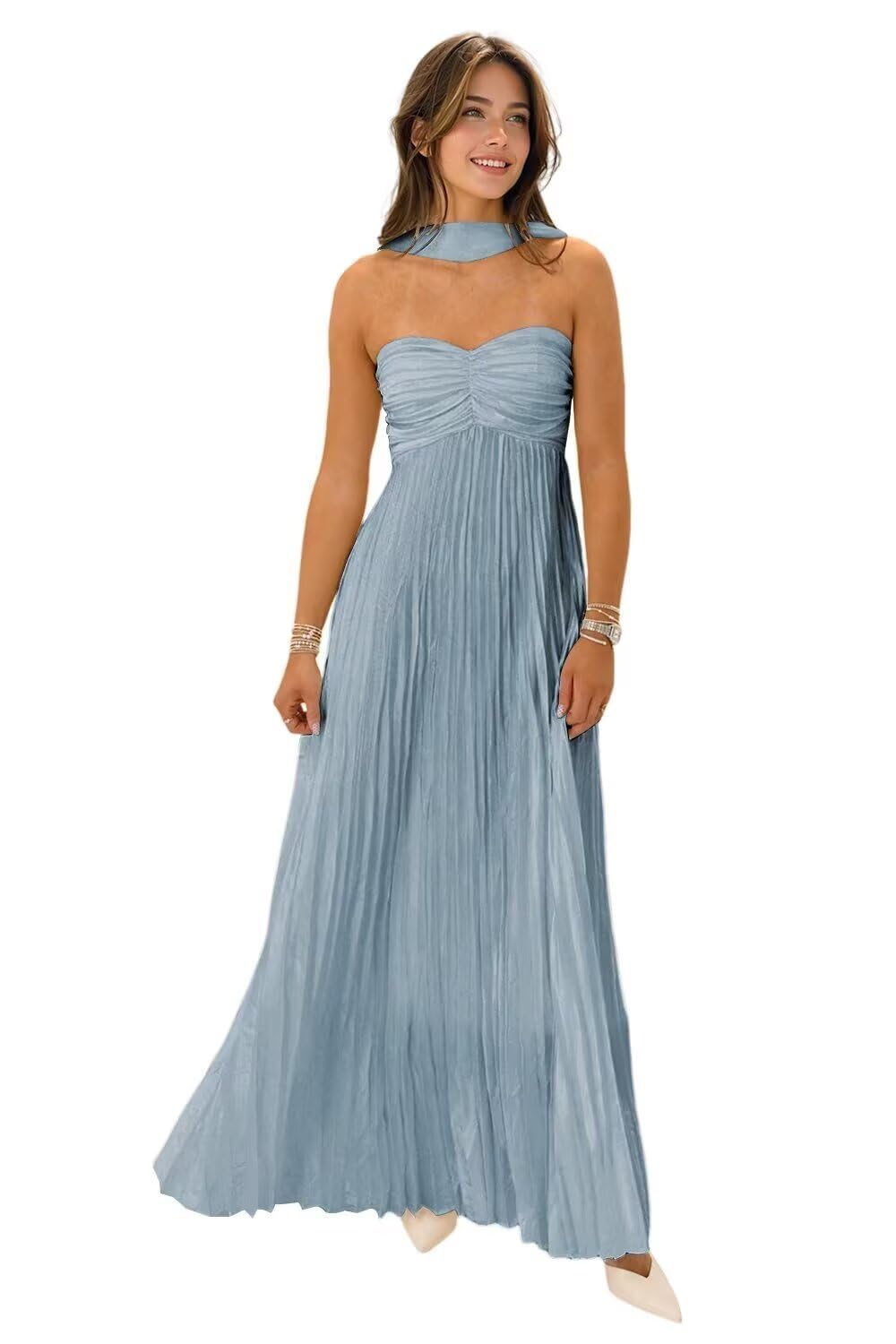 Women's Strapless Chiffon Bridesmaid Dresses with Scarf Long A-Line Pleated Formal Evening Dress WA096