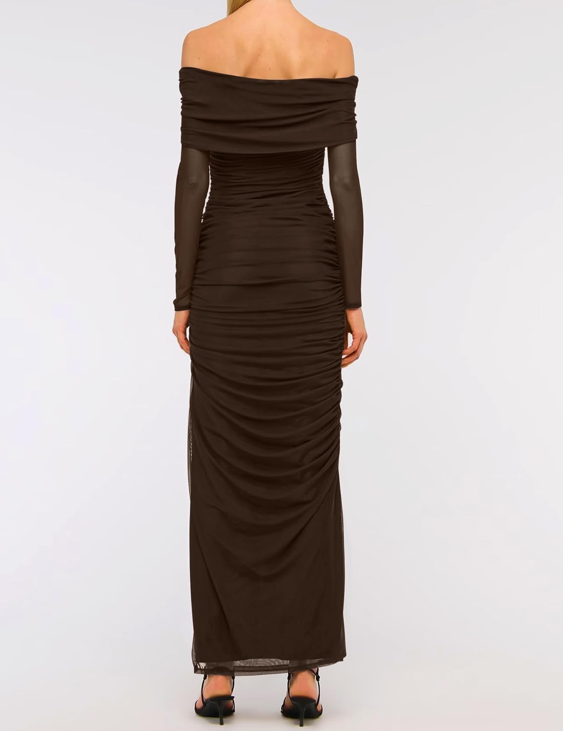 Relipop Women Off Shoulder Dress Long Sleeve Bodycon Mesh Ruched High Split Spring Formal Wedding Guest Maxi Dresses