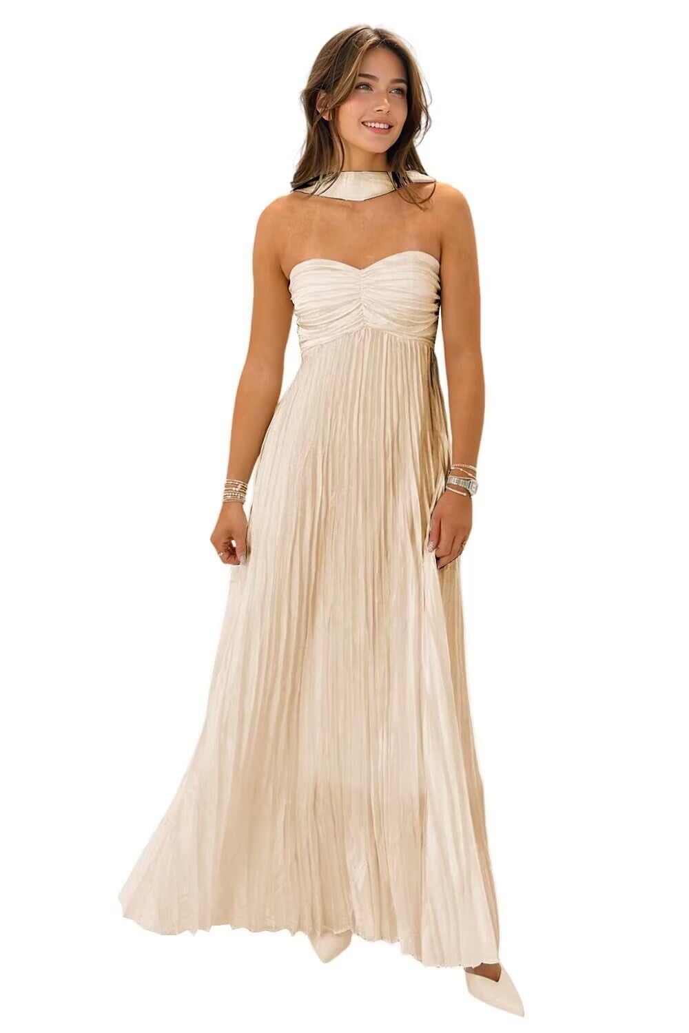 Women's Strapless Chiffon Bridesmaid Dresses with Scarf Long A-Line Pleated Formal Evening Dress WA096