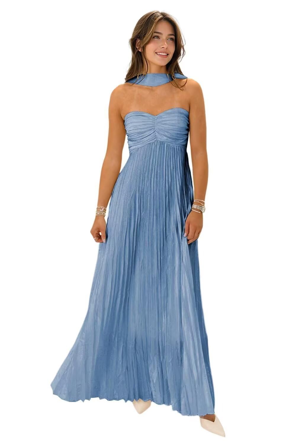 Women's Strapless Chiffon Bridesmaid Dresses with Scarf Long A-Line Pleated Formal Evening Dress WA096