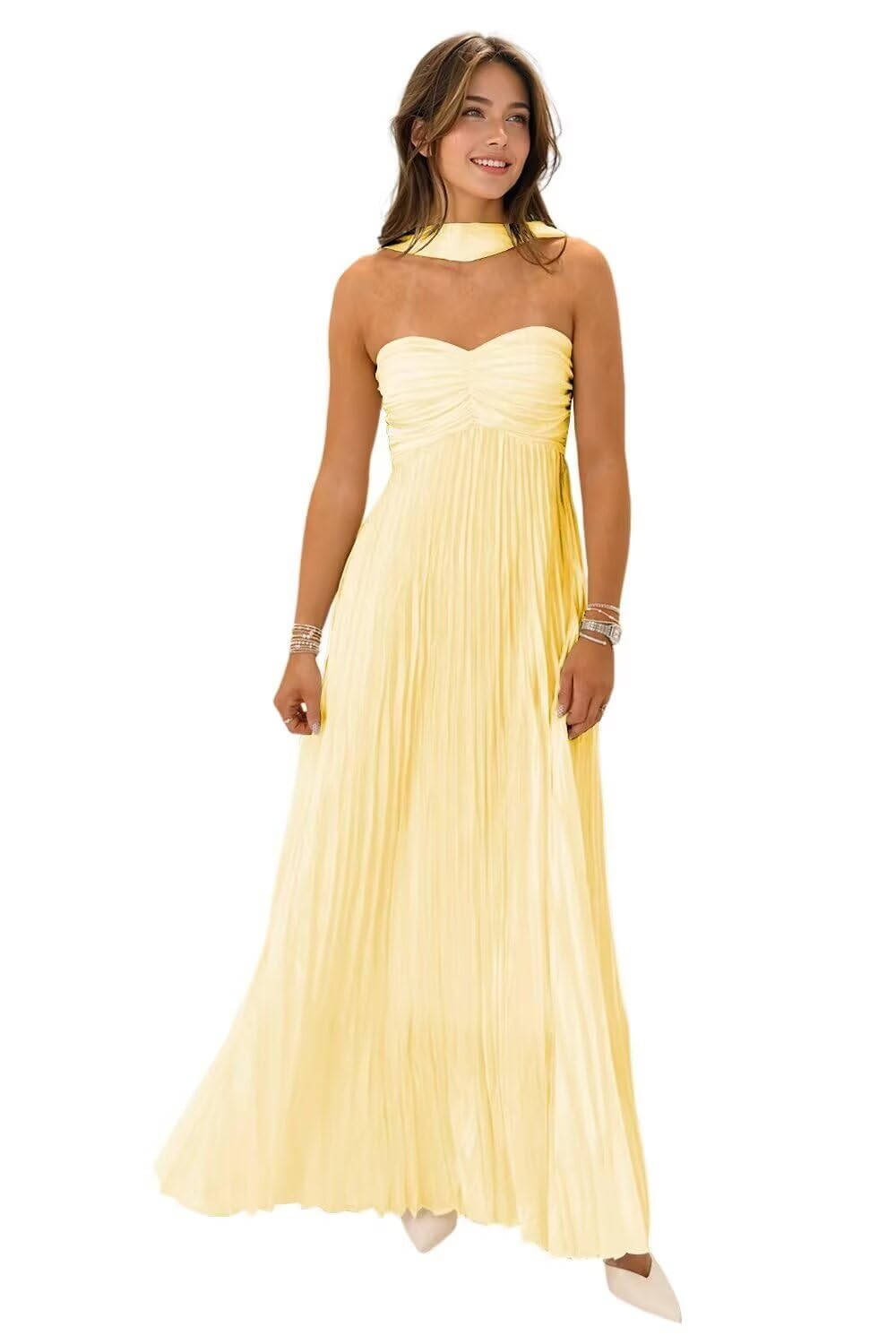Women's Strapless Chiffon Bridesmaid Dresses with Scarf Long A-Line Pleated Formal Evening Dress WA096