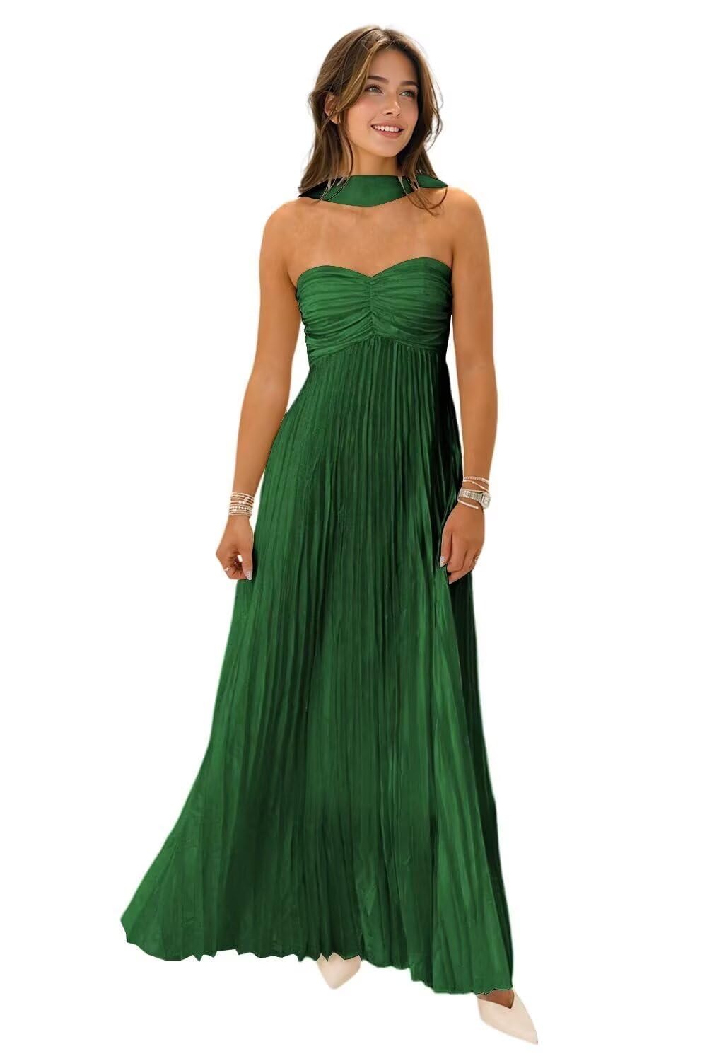 Women's Strapless Chiffon Bridesmaid Dresses with Scarf Long A-Line Pleated Formal Evening Dress WA096