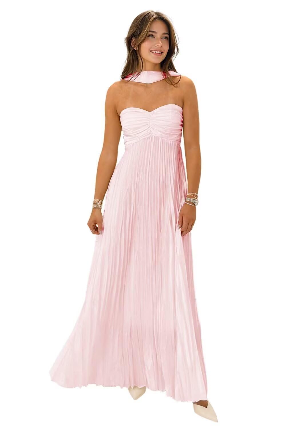 Women's Strapless Chiffon Bridesmaid Dresses with Scarf Long A-Line Pleated Formal Evening Dress WA096