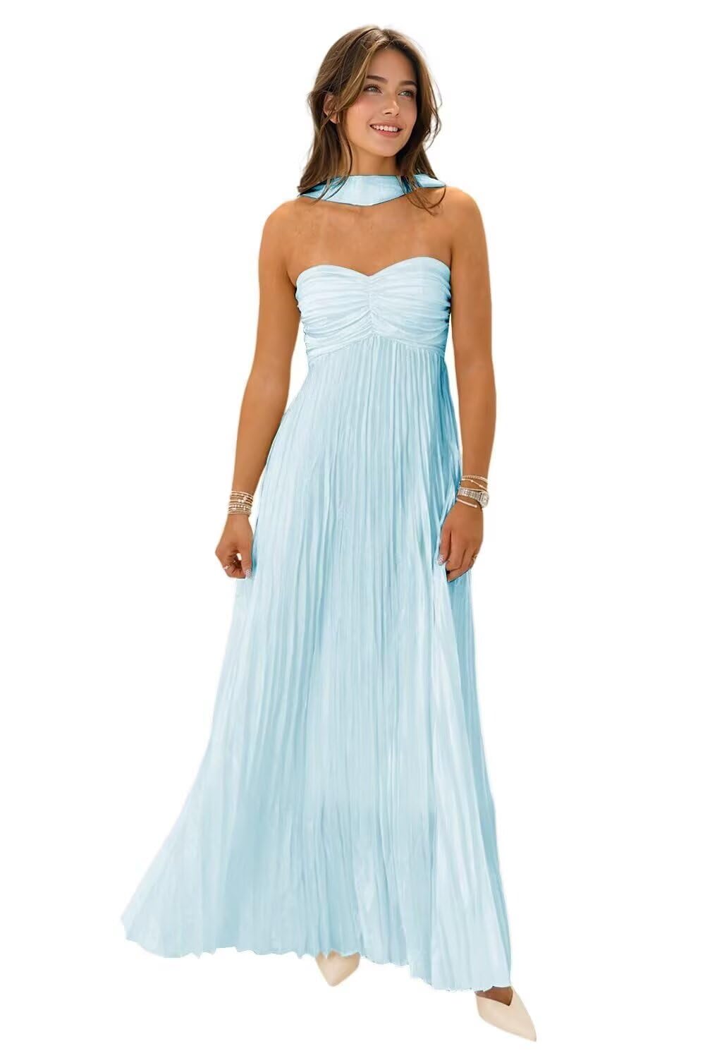 Women's Strapless Chiffon Bridesmaid Dresses with Scarf Long A-Line Pleated Formal Evening Dress WA096