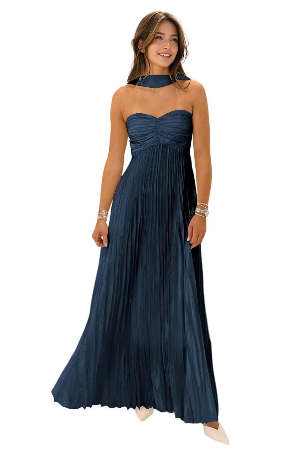 Women's Strapless Chiffon Bridesmaid Dresses with Scarf Long A-Line Pleated Formal Evening Dress WA096
