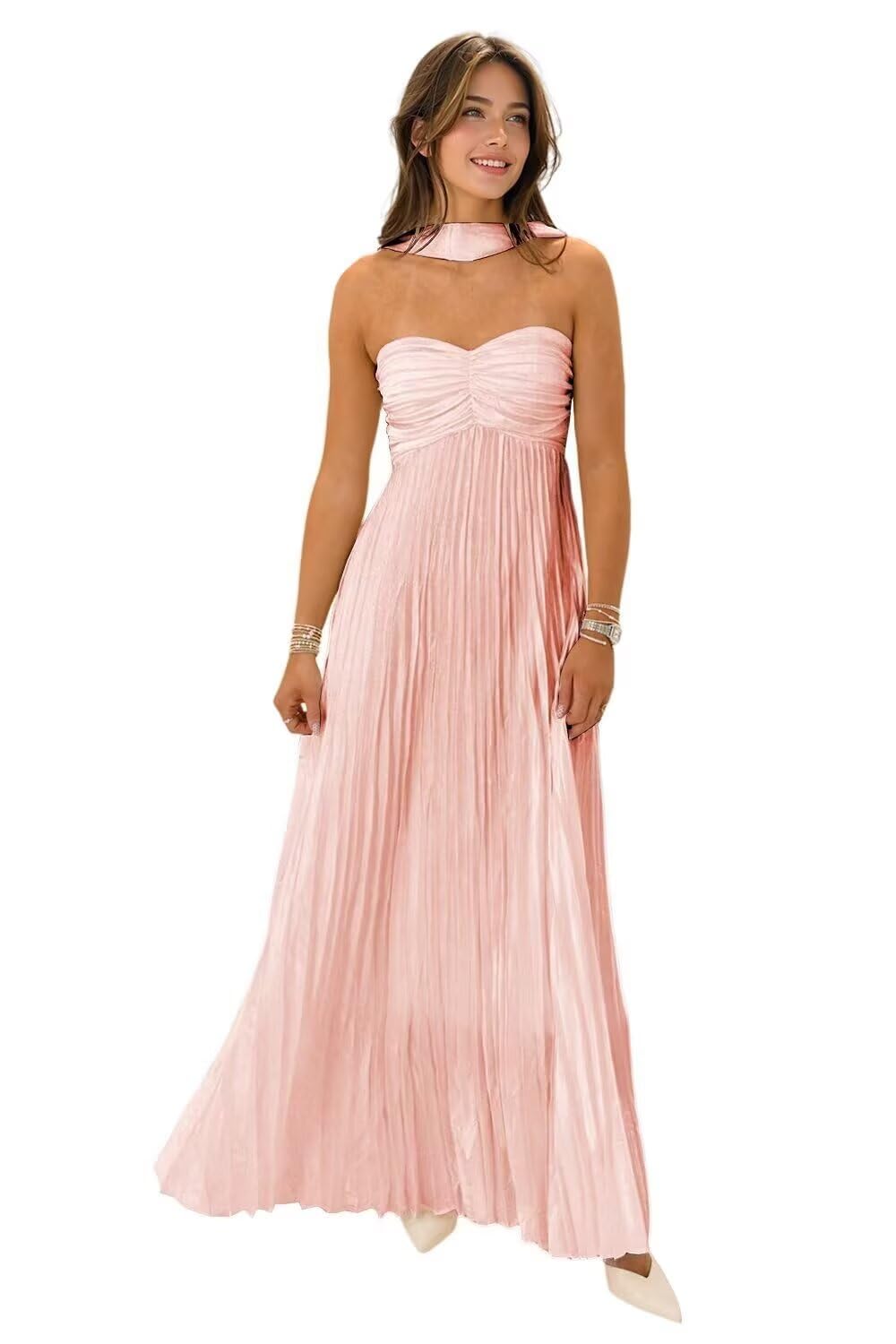 Women's Strapless Chiffon Bridesmaid Dresses with Scarf Long A-Line Pleated Formal Evening Dress WA096