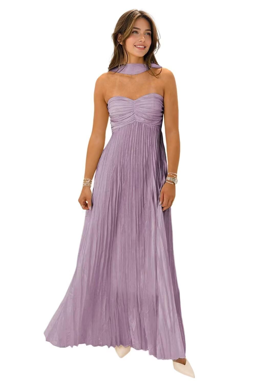 Women's Strapless Chiffon Bridesmaid Dresses with Scarf Long A-Line Pleated Formal Evening Dress WA096