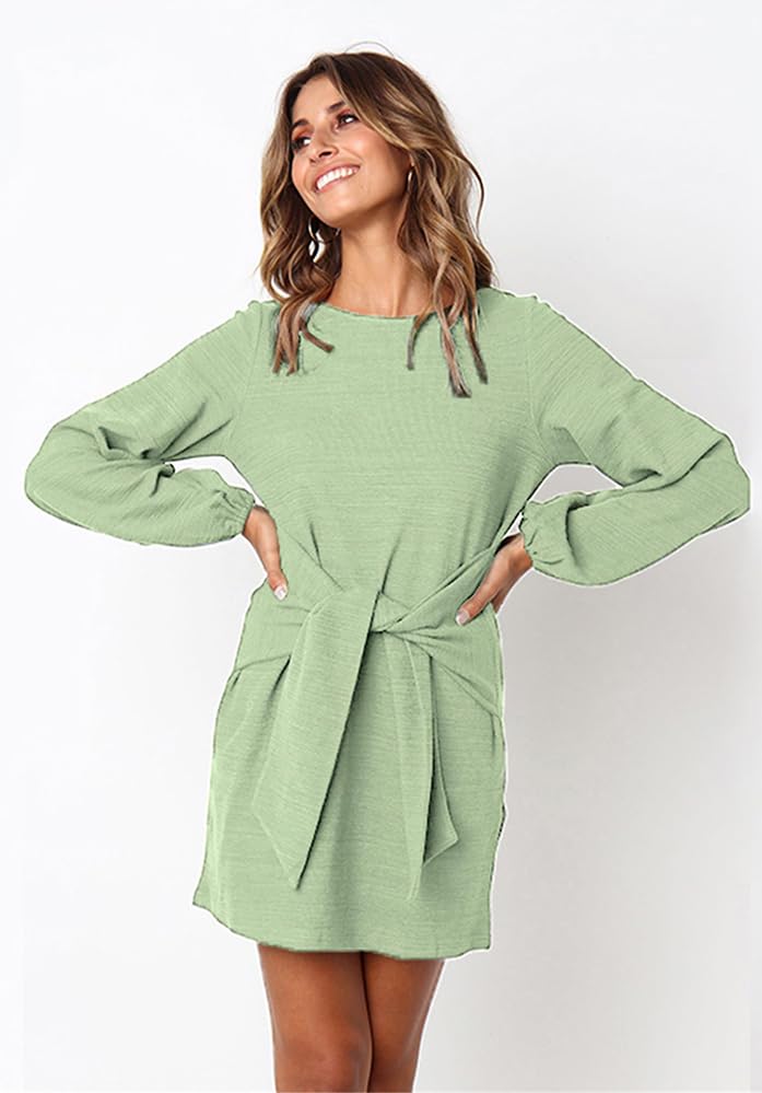 PRETTYGARDEN Women’s Elegant Long Lantern Sleeve Short Dress Crewneck Tie Waist Knit Cocktail Dress Dark Green