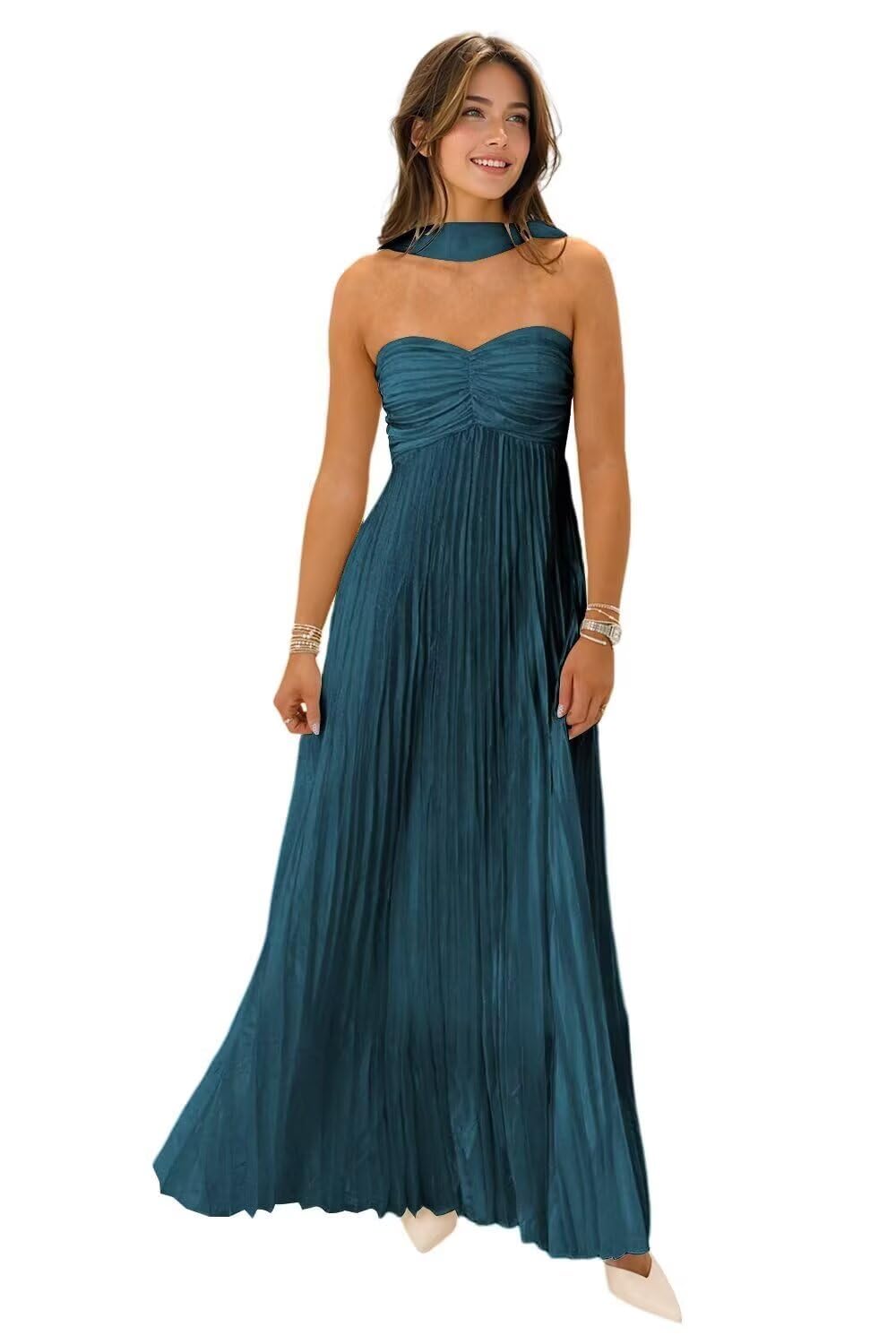Women's Strapless Chiffon Bridesmaid Dresses with Scarf Long A-Line Pleated Formal Evening Dress WA096