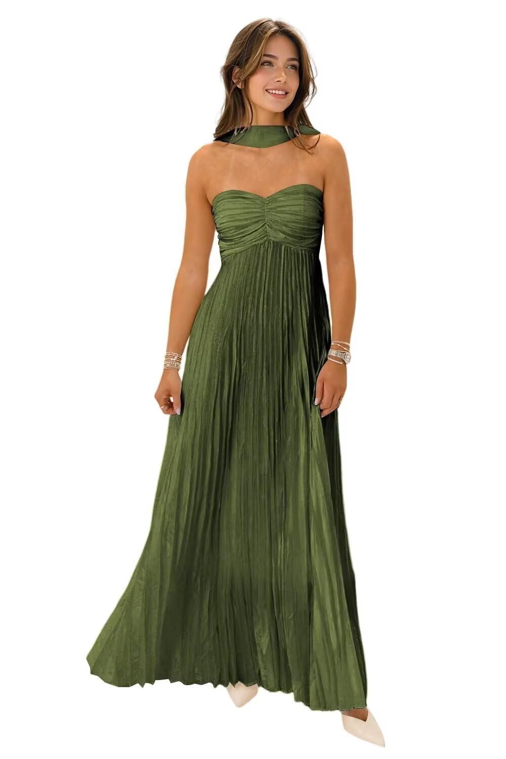 Women's Strapless Chiffon Bridesmaid Dresses with Scarf Long A-Line Pleated Formal Evening Dress WA096