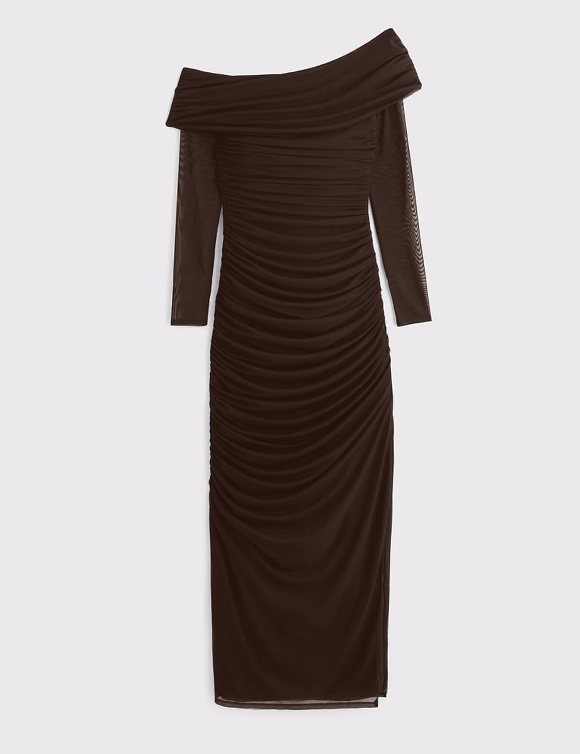 Relipop Women Off Shoulder Dress Long Sleeve Bodycon Mesh Ruched High Split Spring Formal Wedding Guest Maxi Dresses