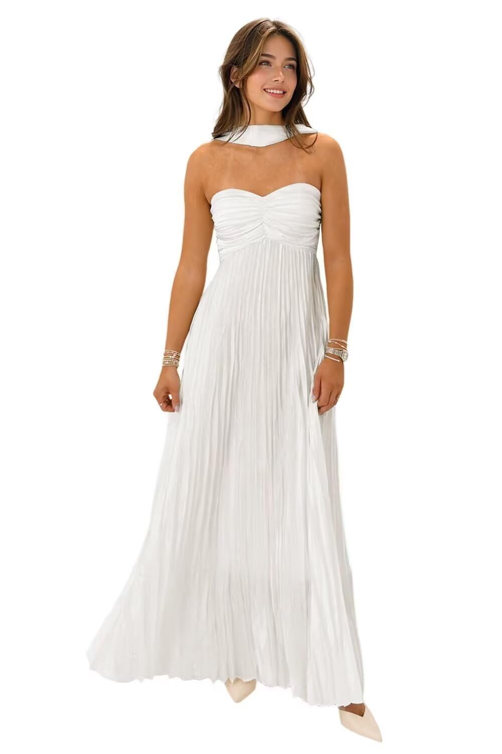Women's Strapless Chiffon Bridesmaid Dresses with Scarf Long A-Line Pleated Formal Evening Dress WA096