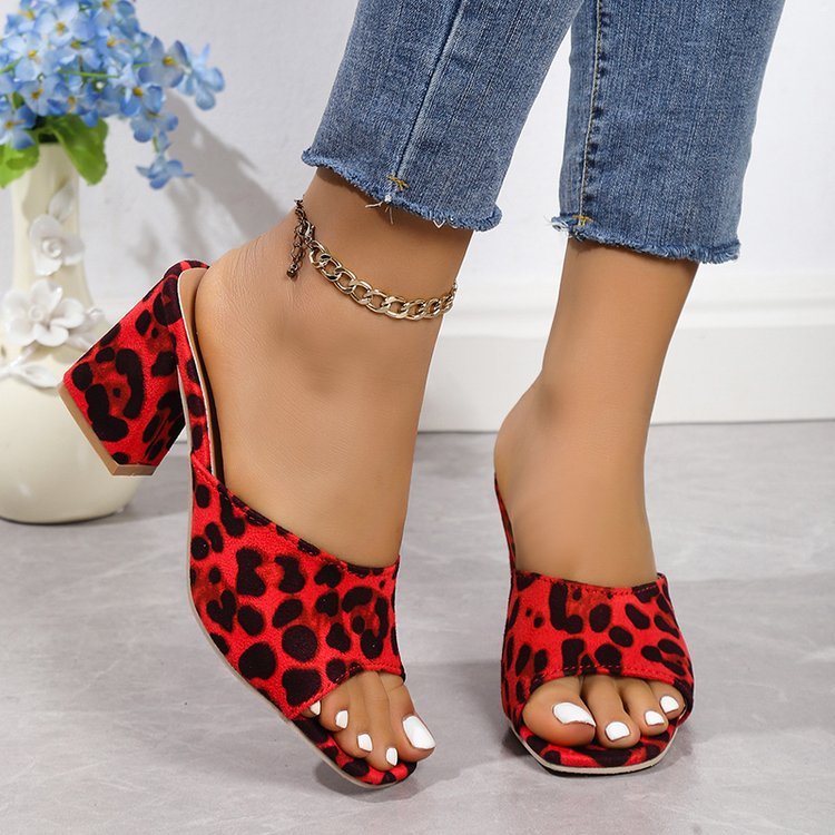 Leopard Square Toe Sandals Summer High-heeled Slippers