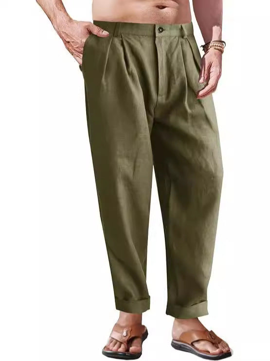 Men's Linen Trousers Double Pleated Front Pocket Straight