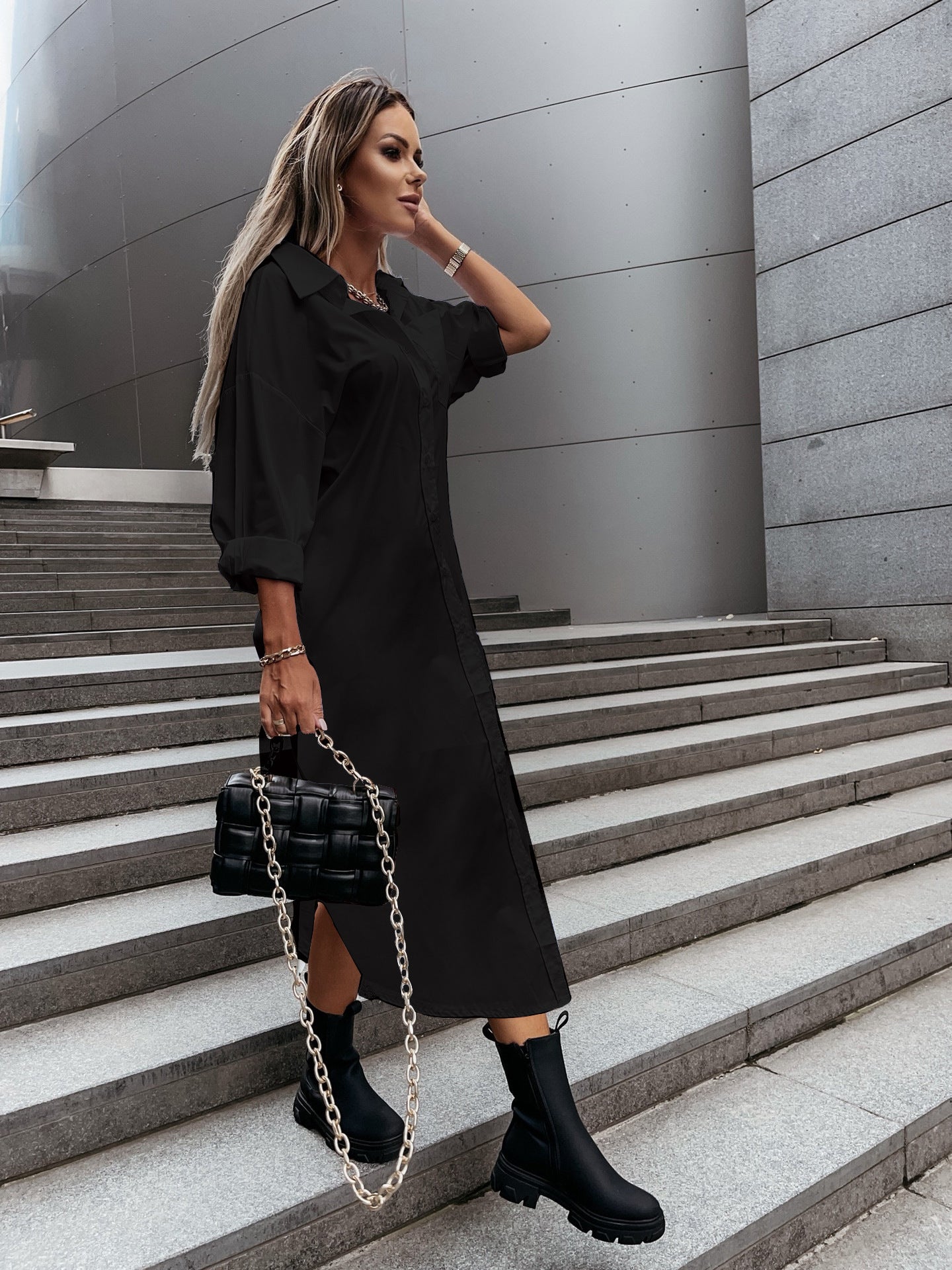 Autumn Fashionable With Side-slit Loose Casual Solid Color Shirt Dress