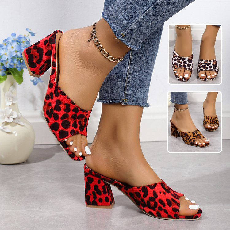 Leopard Square Toe Sandals Summer High-heeled Slippers