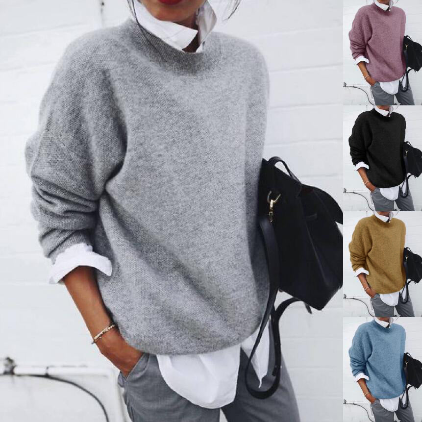 Fashion Long Sleeve Pullover Sweater Fall And Winter Fashion Solid Color Knitted Tops