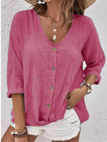 V-neck Long-sleeved T-shirt Fashion Solid Color Button Top