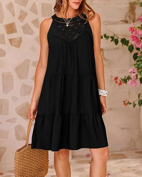 Summer Halterneck A-line Dress With Flower Hollow Lace Design
