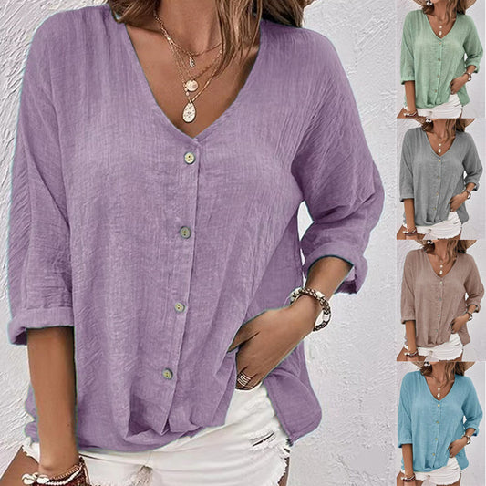 V-neck Long-sleeved T-shirt Fashion Solid Color Button Top