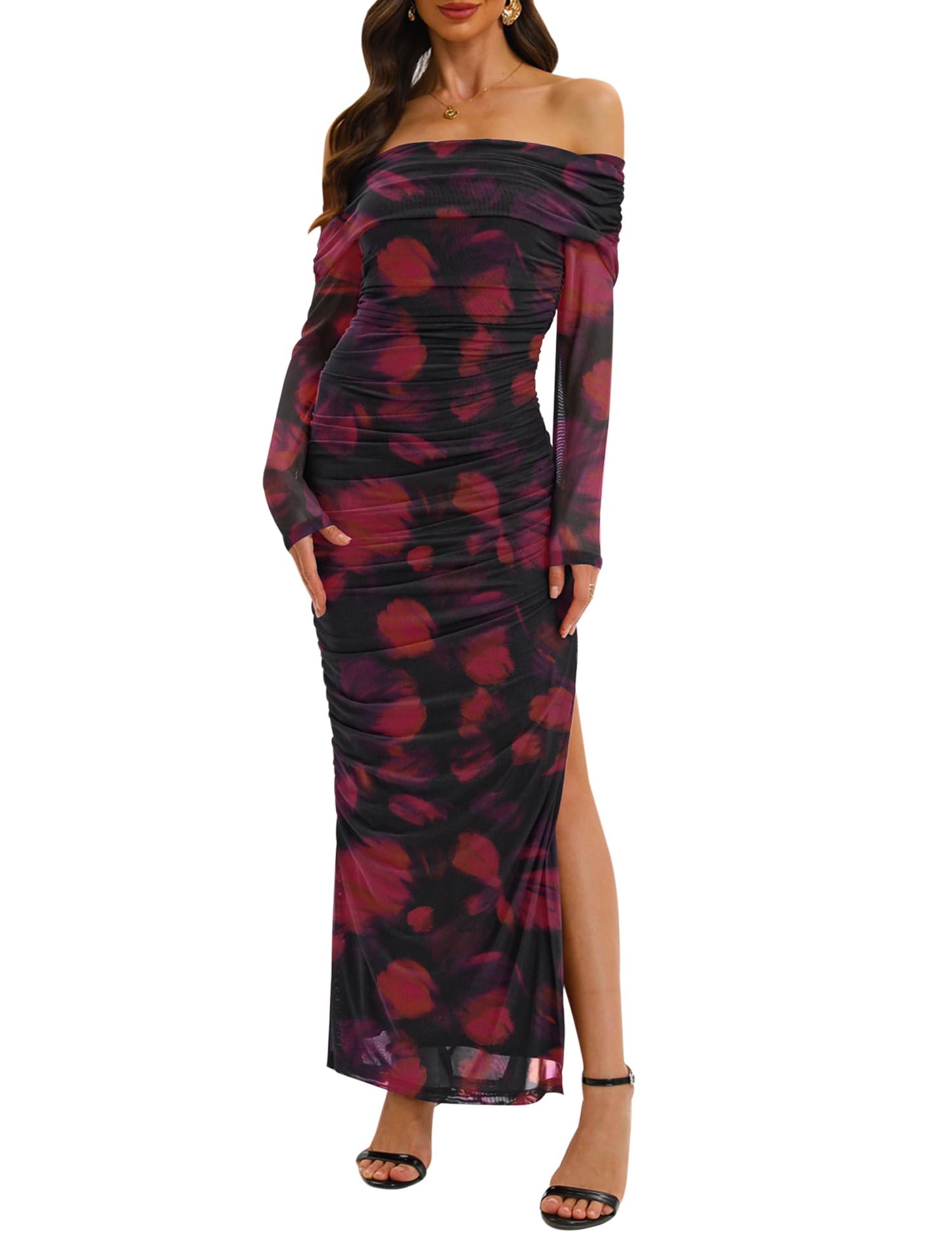 Relipop Women Off Shoulder Dress Long Sleeve Bodycon Mesh Ruched High Split Spring Formal Wedding Guest Maxi Dresses