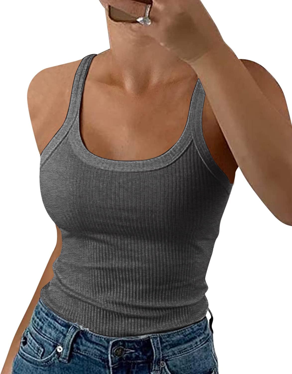 GEMBERA Women Spaghetti Strap Scoop Neck Ribbed Tank Tops Slim Fitted Cotton Camisole Basic Sleeveless Layering Shirts