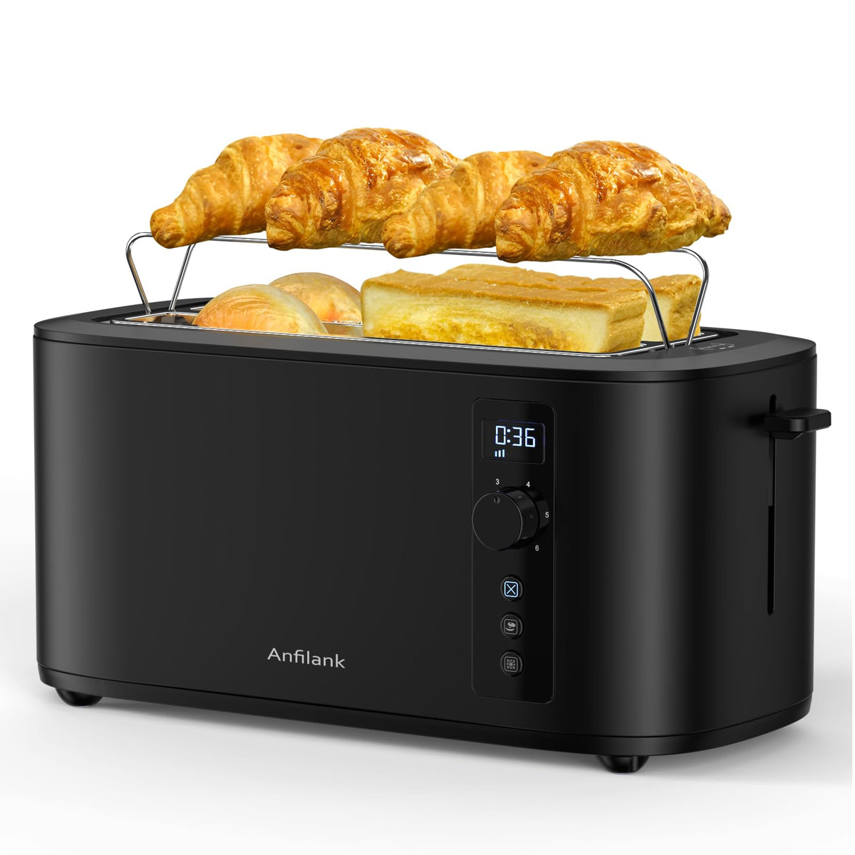 Anfilank Long Slot 4 Slice Toaster, Countdown Timer, 6 Browning Settings, Cancel/Bagel/Defrost Functions, Built-in Warming Rack, Removable Crumb Tray, Extra-Wide Long Slots - Stainless Steel