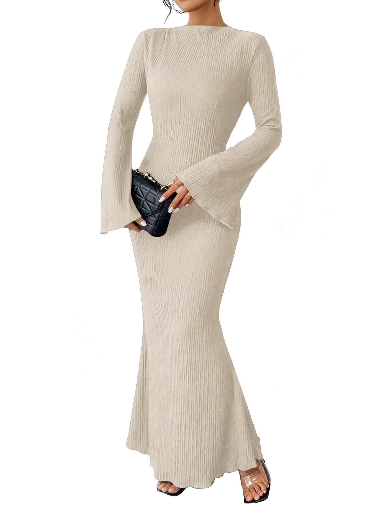 Narecte Fall Dresses for Women 2025 Maxi Dresses Solid Color Boho Dress Flare Sleeve Bodycon Dress