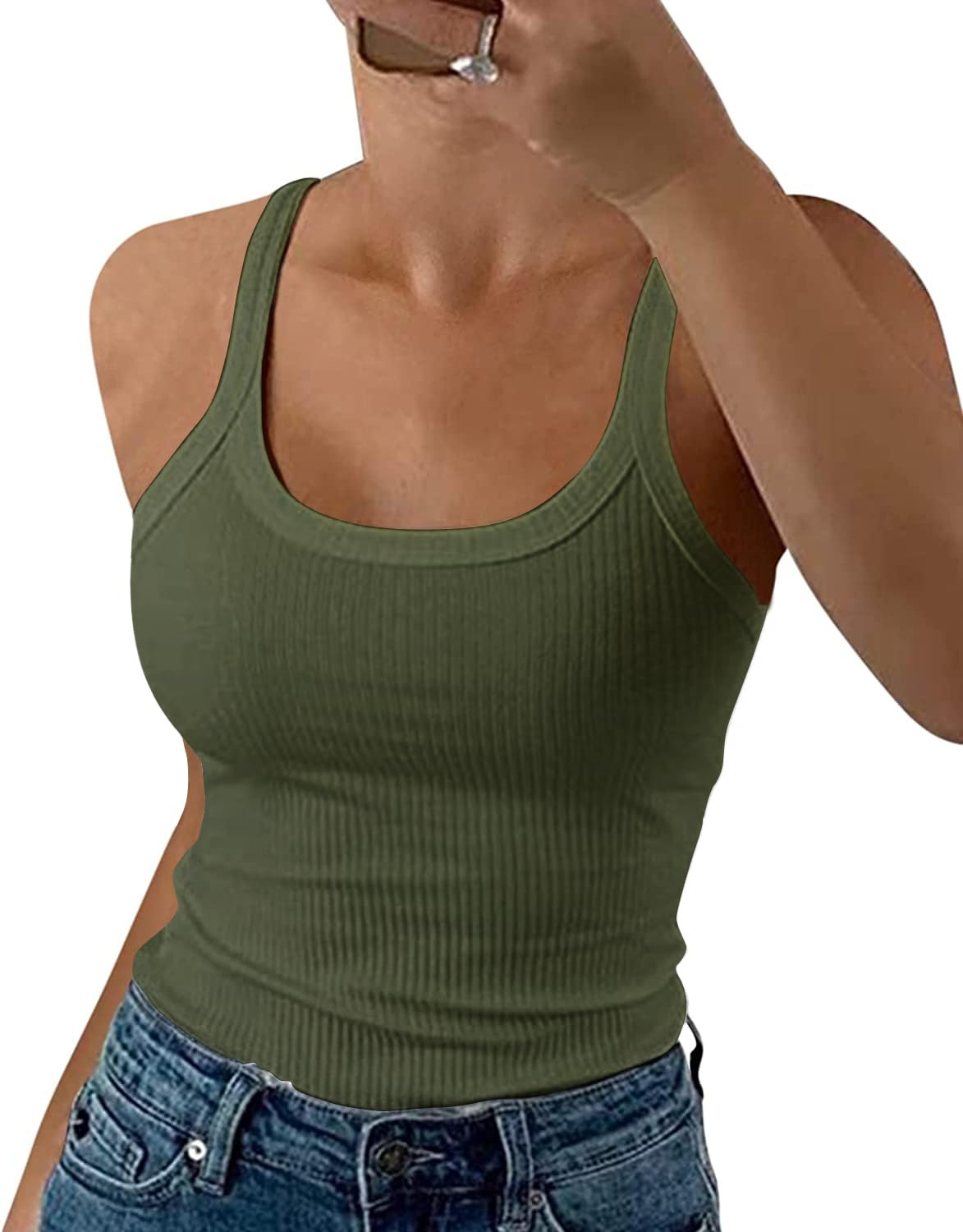 GEMBERA Women Spaghetti Strap Scoop Neck Ribbed Tank Tops Slim Fitted Cotton Camisole Basic Sleeveless Layering Shirts