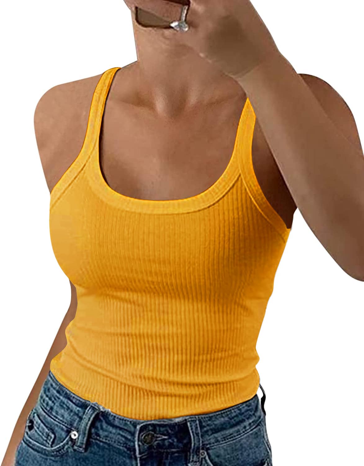GEMBERA Women Spaghetti Strap Scoop Neck Ribbed Tank Tops Slim Fitted Cotton Camisole Basic Sleeveless Layering Shirts