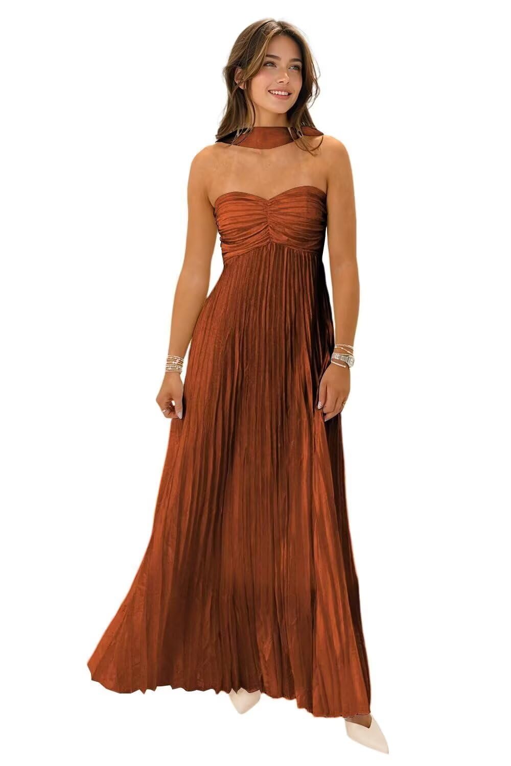 Women's Strapless Chiffon Bridesmaid Dresses with Scarf Long A-Line Pleated Formal Evening Dress WA096