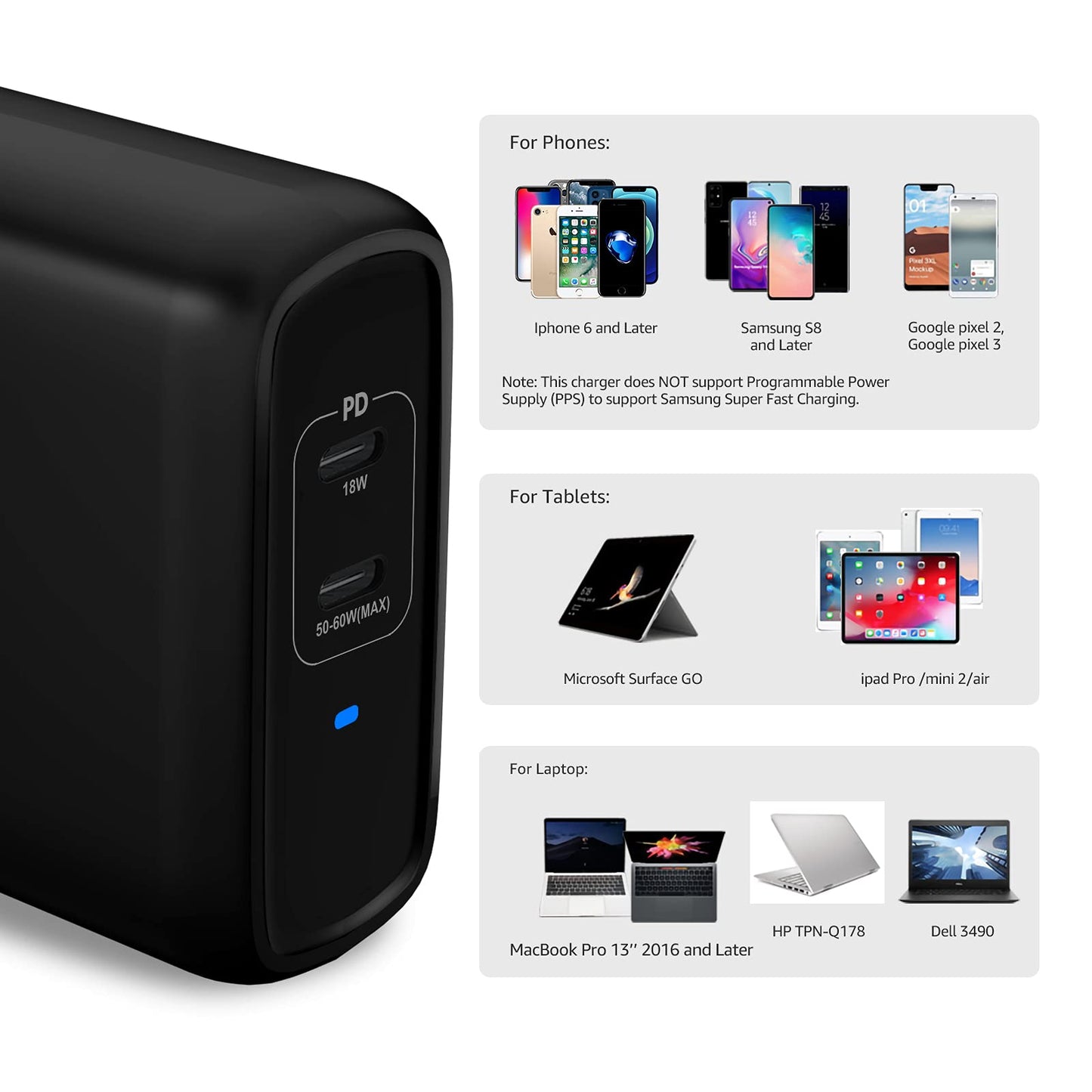 Amazon Basics 30W One-Port GaN USB-C Wall Charger with Power Delivery PD for Tablets & Phones