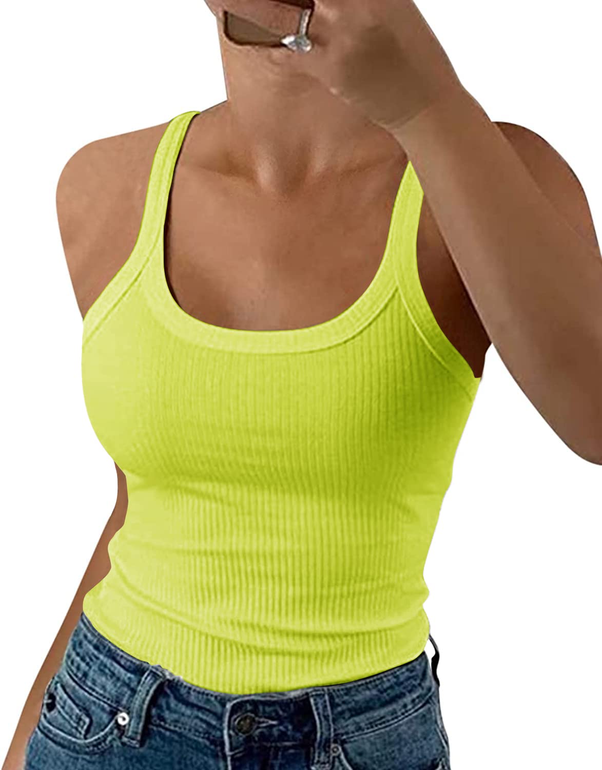 GEMBERA Women Spaghetti Strap Scoop Neck Ribbed Tank Tops Slim Fitted Cotton Camisole Basic Sleeveless Layering Shirts