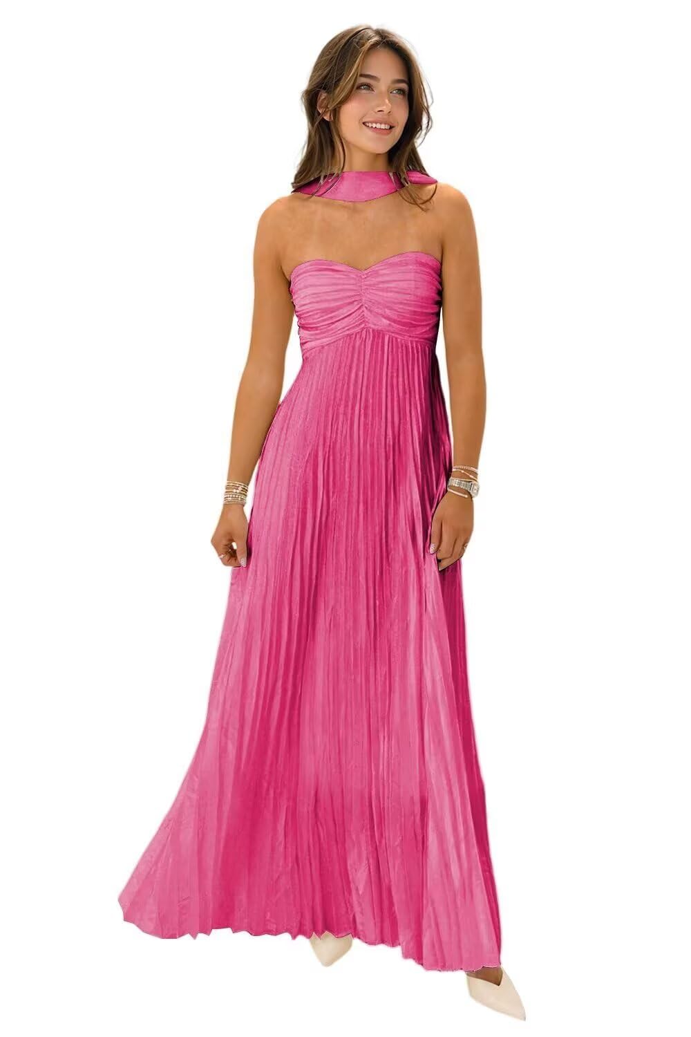 Women's Strapless Chiffon Bridesmaid Dresses with Scarf Long A-Line Pleated Formal Evening Dress WA096