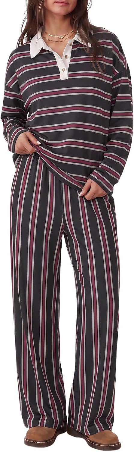 Tankaneo Womens Striped 2 Piece Lounge Sets Long Sleeve Pants Sets