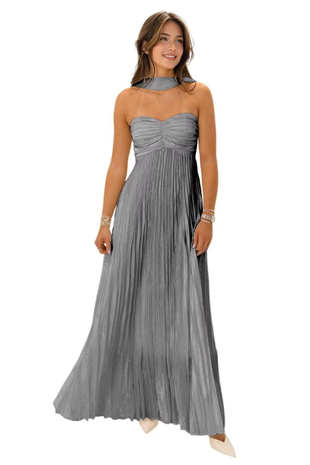 Women's Strapless Chiffon Bridesmaid Dresses with Scarf Long A-Line Pleated Formal Evening Dress WA096