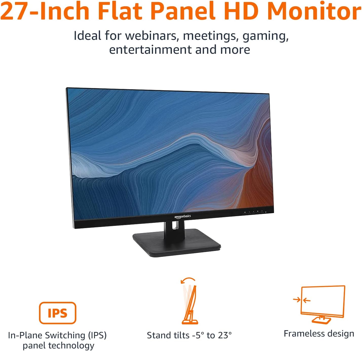 Amazon Basics 27 in IPS Monitor, Full HD 1080P, 75 Hz, Adjustable Stand, HDMI, Display Port, VGA Input, Built-in Speakers, VESA Compatible, Black