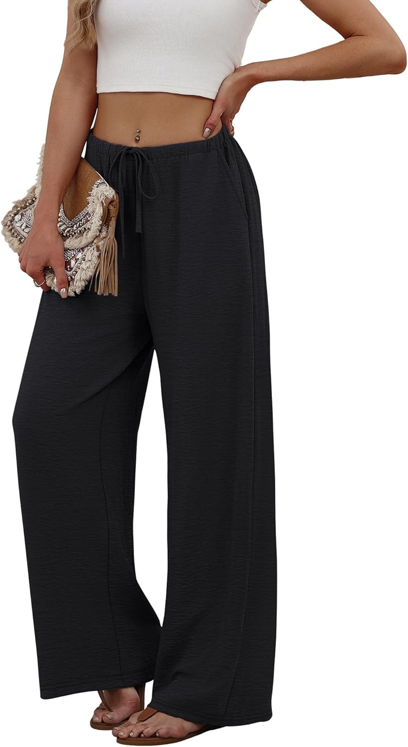 Sampeel Wide Leg Pants for Women Flowy Palazzo Drawstring Elastic Waist Trousers with Pockets Summer Beach Vacation Clothes