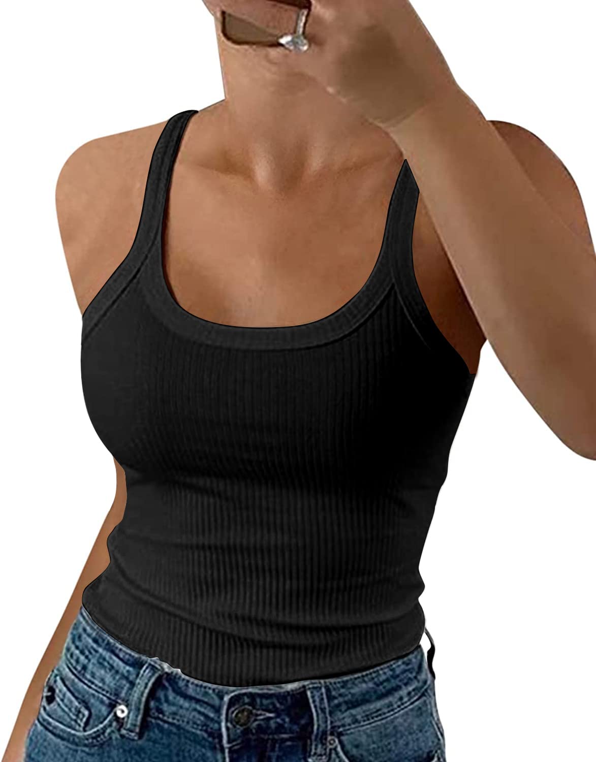 GEMBERA Women Spaghetti Strap Scoop Neck Ribbed Tank Tops Slim Fitted Cotton Camisole Basic Sleeveless Layering Shirts