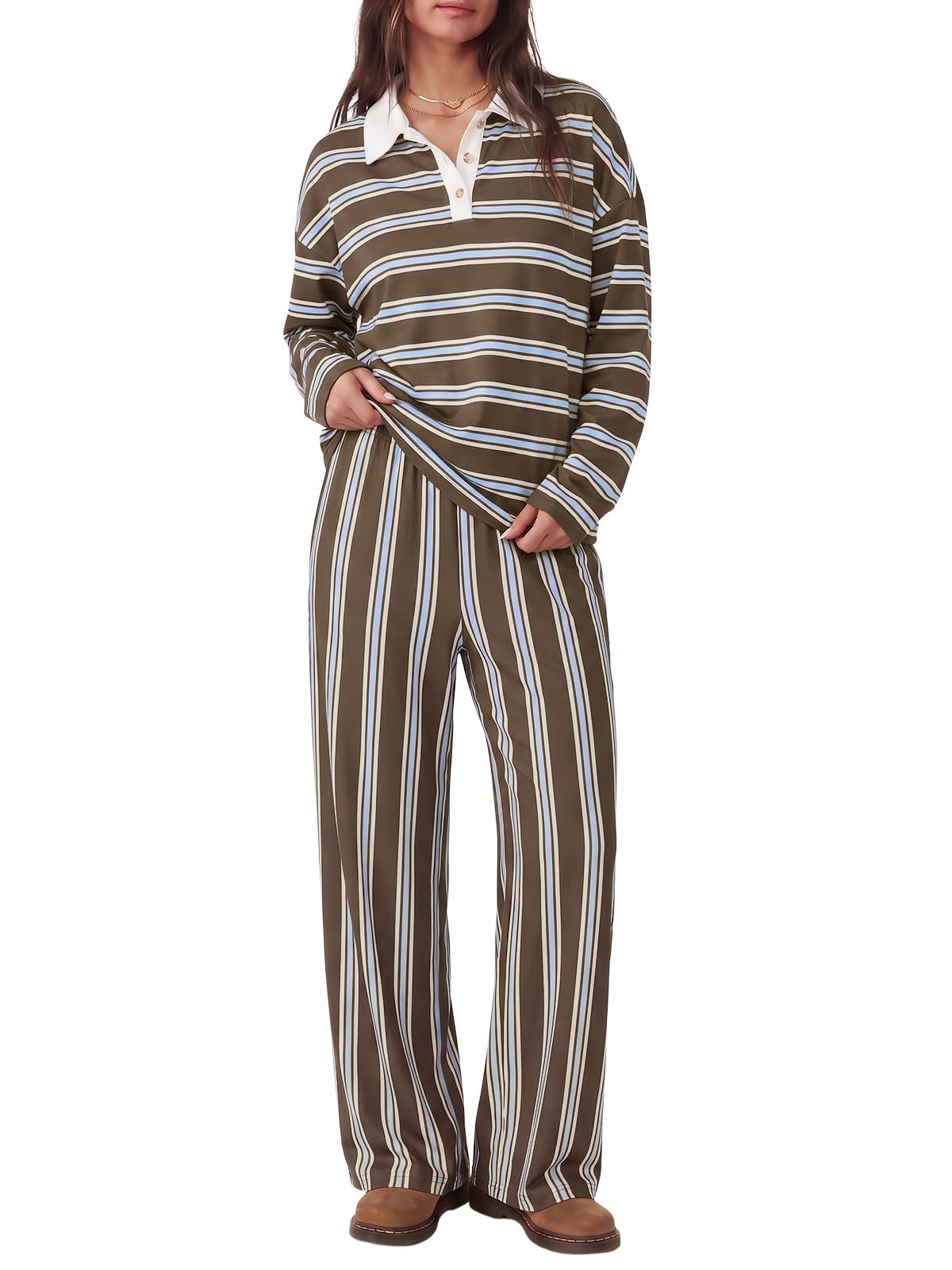 Tankaneo Womens Striped 2 Piece Lounge Sets Long Sleeve Pants Sets