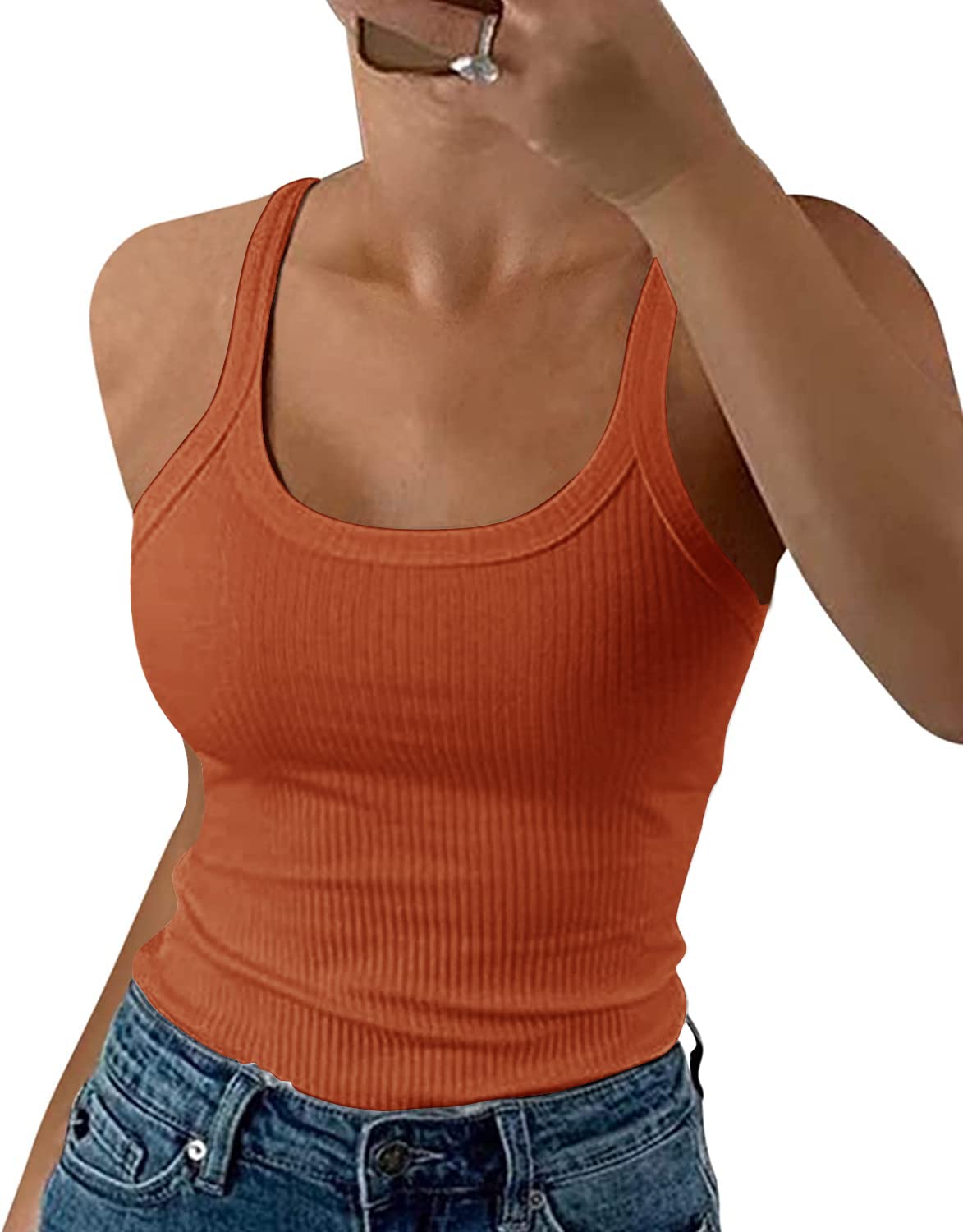 GEMBERA Women Spaghetti Strap Scoop Neck Ribbed Tank Tops Slim Fitted Cotton Camisole Basic Sleeveless Layering Shirts