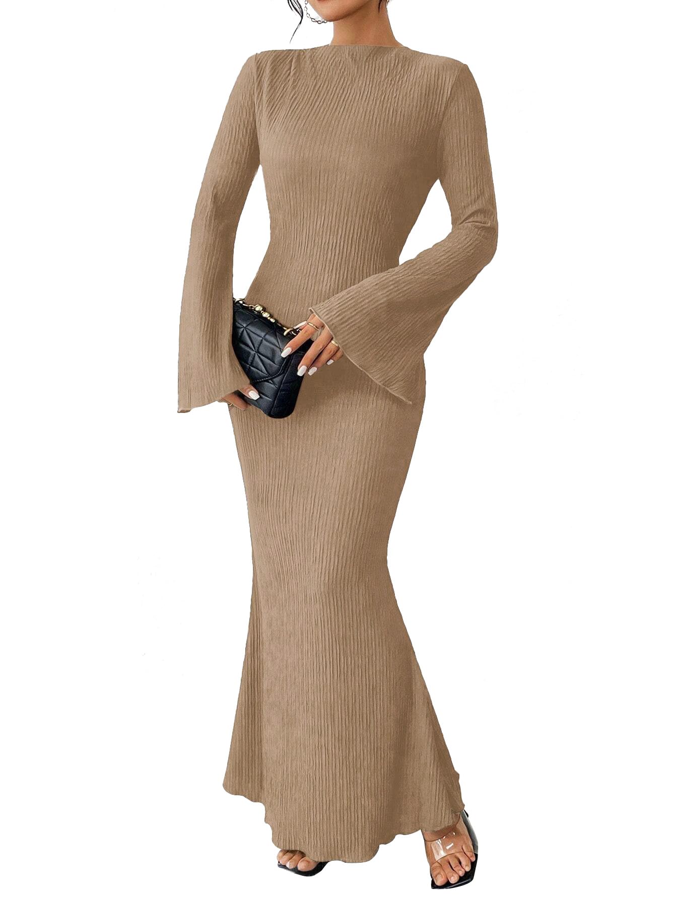Narecte Fall Dresses for Women 2025 Maxi Dresses Solid Color Boho Dress Flare Sleeve Bodycon Dress