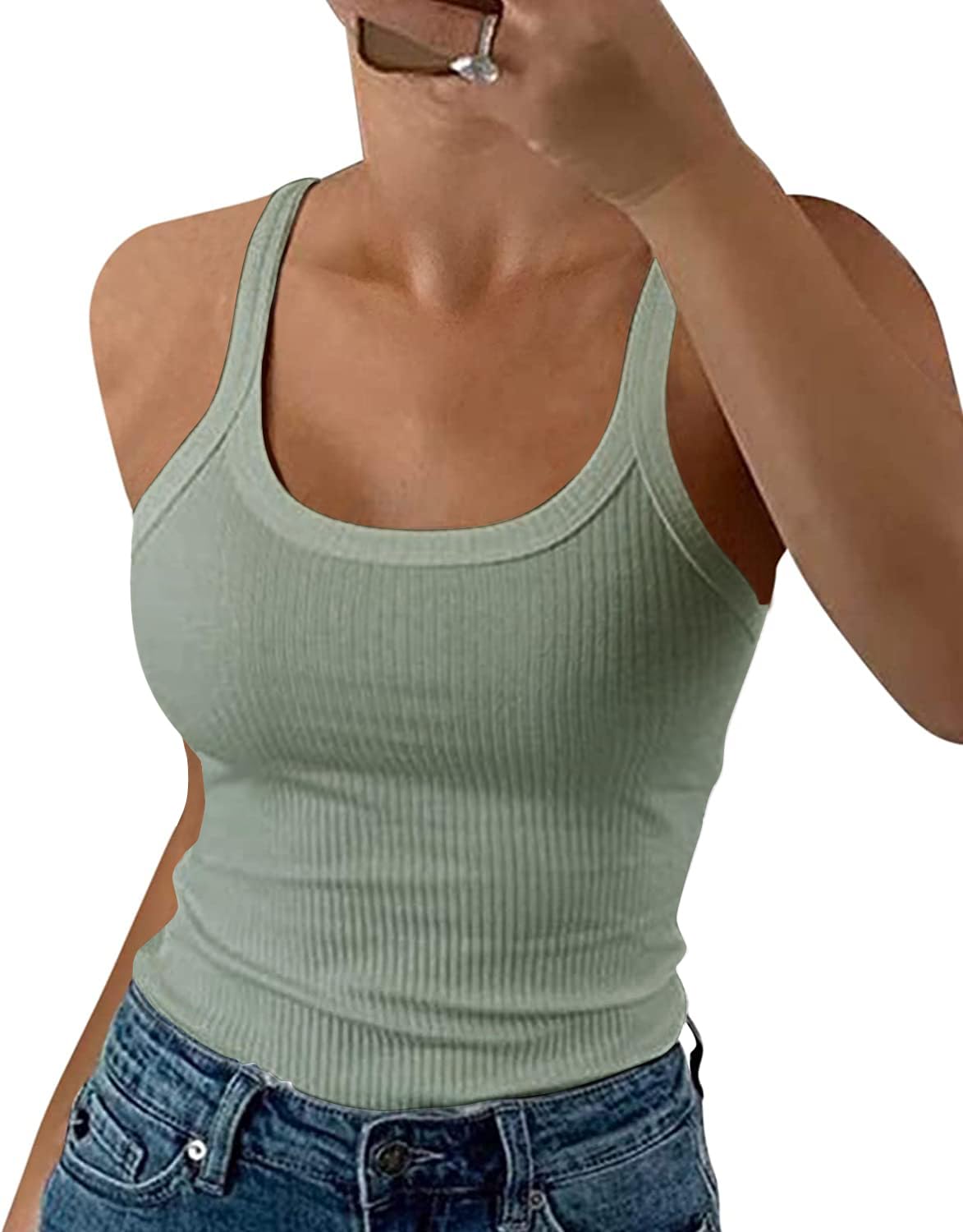 GEMBERA Women Spaghetti Strap Scoop Neck Ribbed Tank Tops Slim Fitted Cotton Camisole Basic Sleeveless Layering Shirts