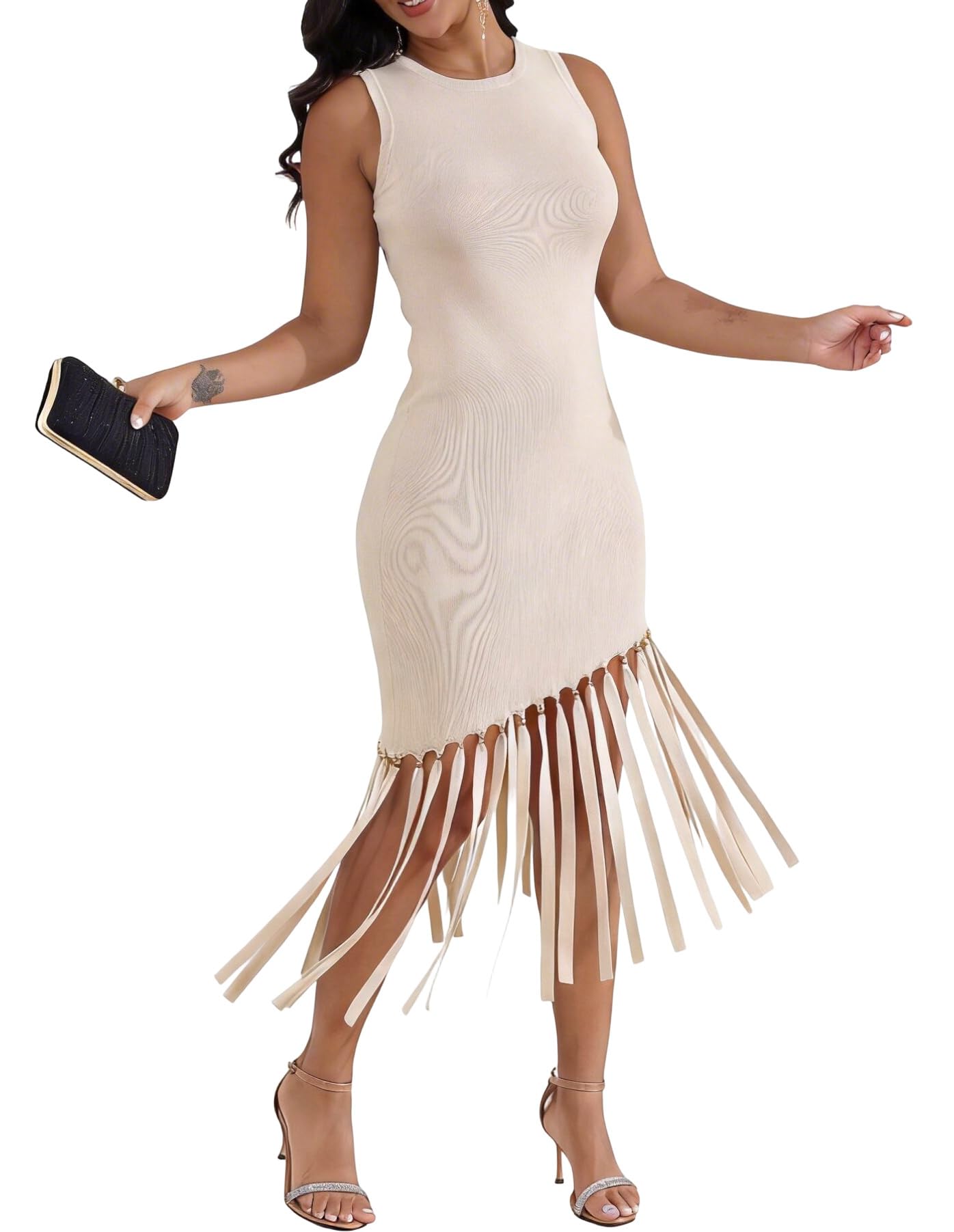Ryehack Women’s Sexy Bodycon Midi Dress Elegant Sleeveless Asymmetrical Fringe Cocktail Prom Party Dress with Metal Bead