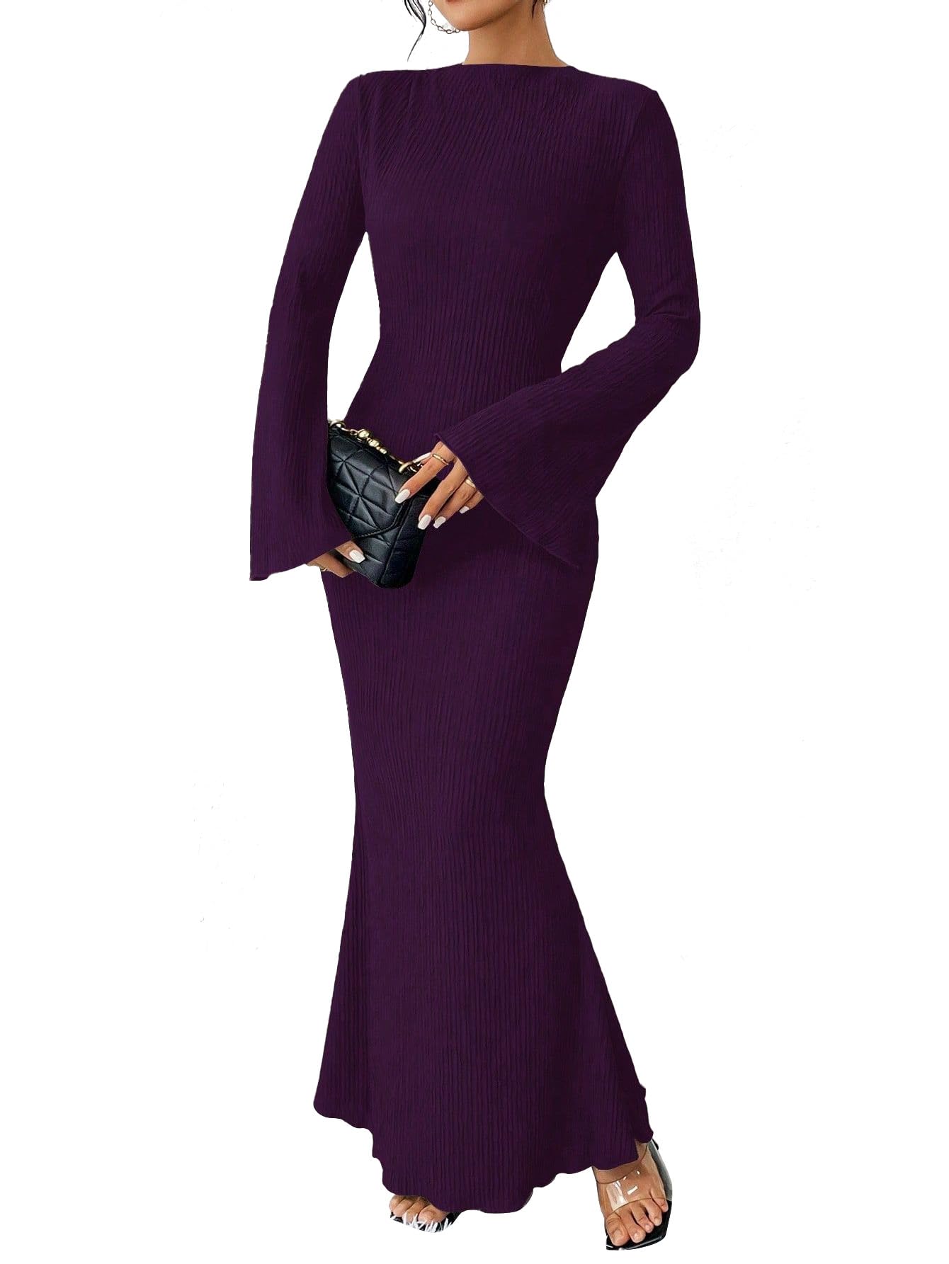 Narecte Fall Dresses for Women 2025 Maxi Dresses Solid Color Boho Dress Flare Sleeve Bodycon Dress