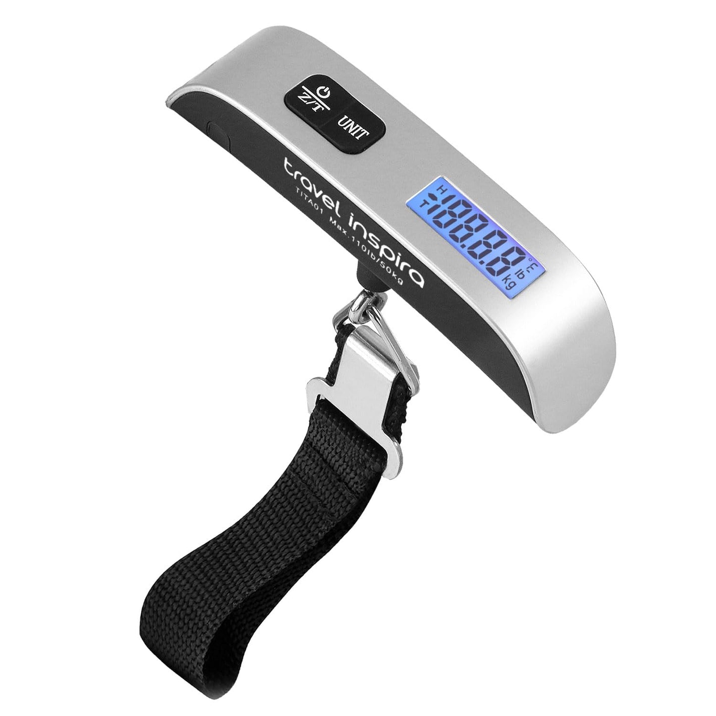 travel inspira Luggage Scale, Portable Digital Hanging Baggage Scale for Travel, Suitcase Weight Scale with Rubber Paint, 110 Pounds, Battery Included - Black